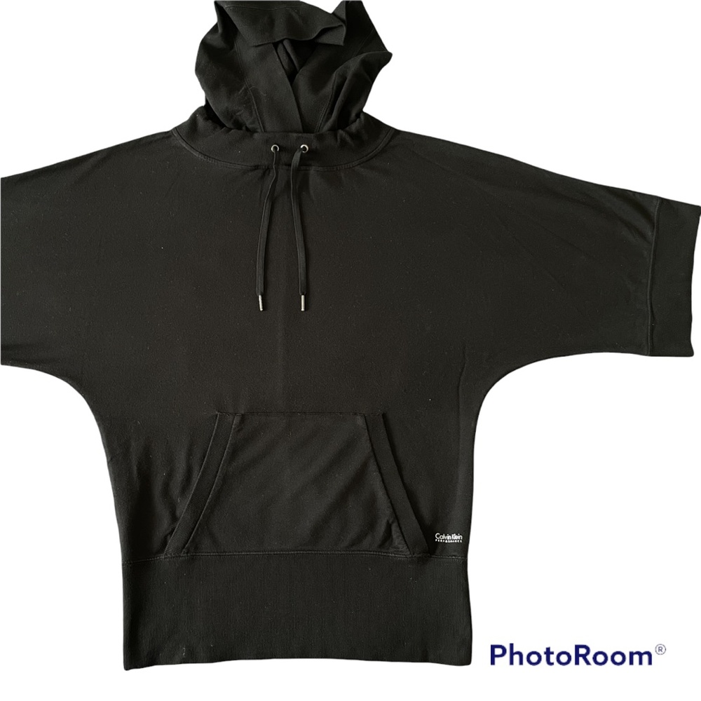 #12 Calvin Klein Performance Edgy Black Hoodie Front Pocket Relaxed Fit Top - Picture 3 of 8